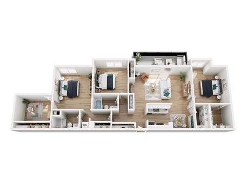 A top-down view of a well-organized apartment layout.